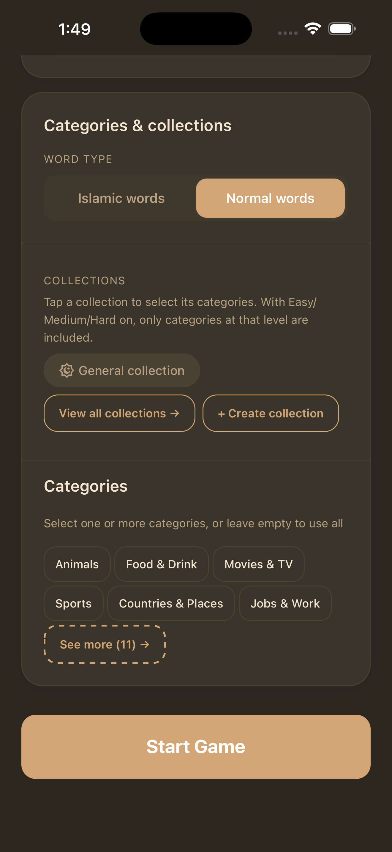 Normal words mode in game setup