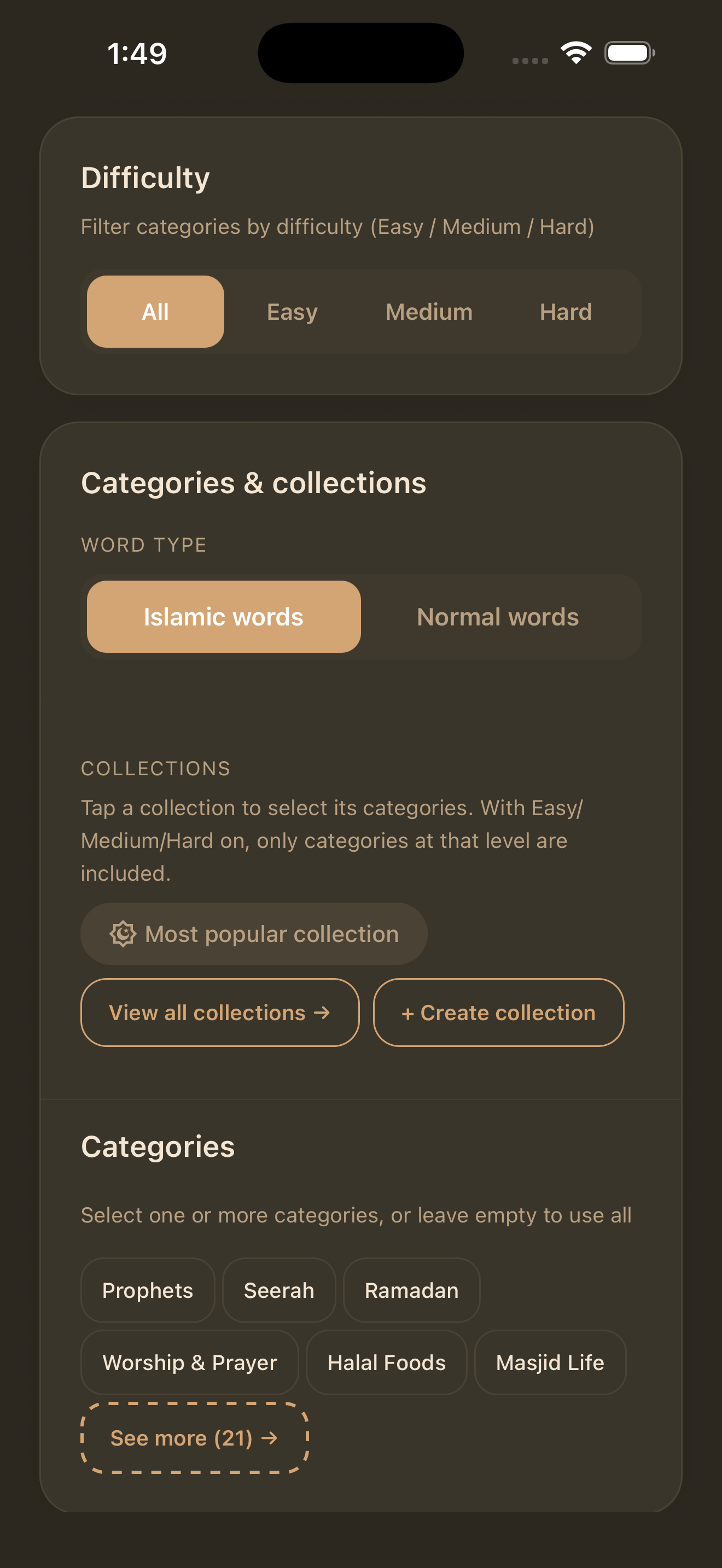 Difficulty filters in game setup